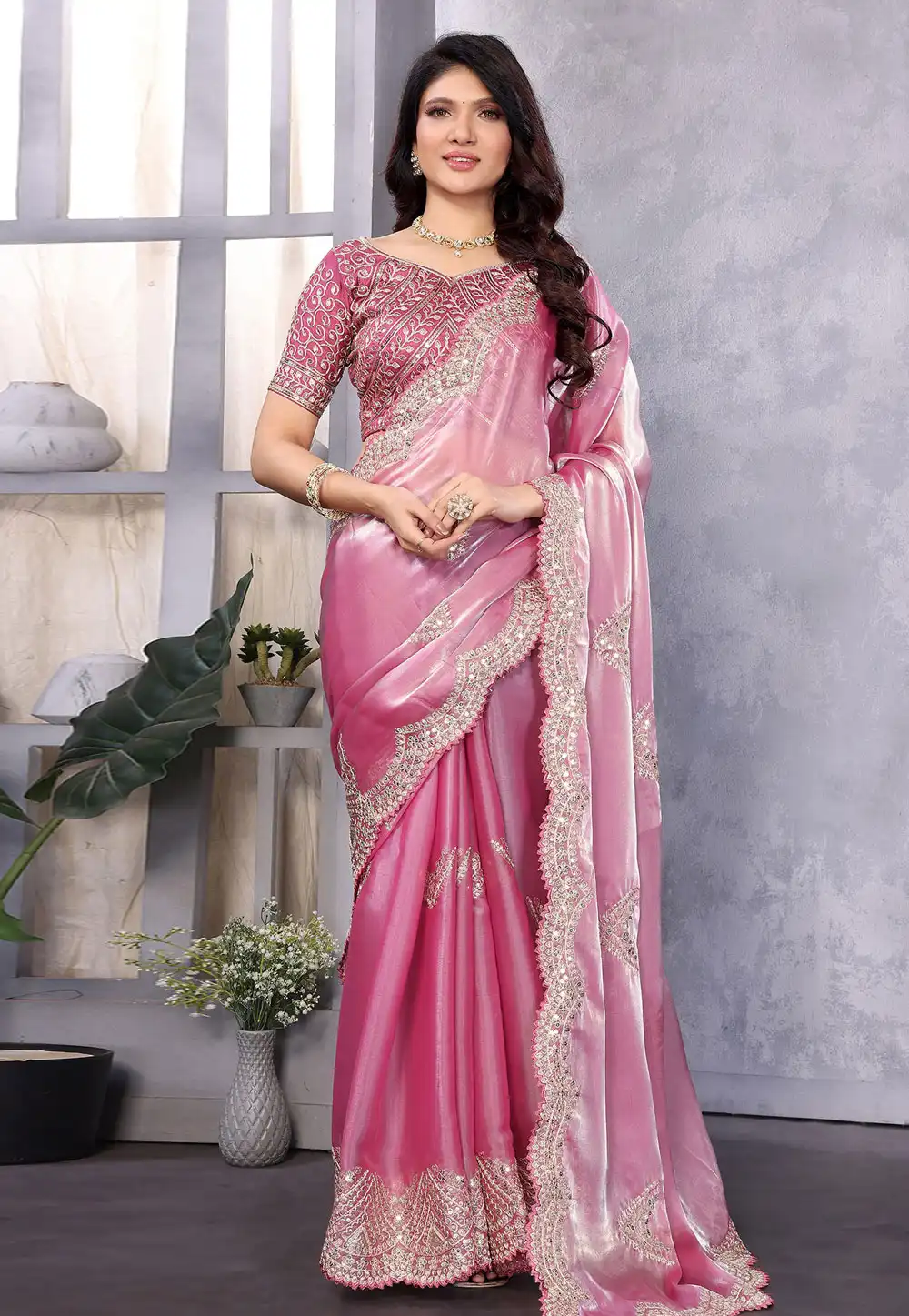 Pink Shimmer Chiffon Saree With Blouse 316147