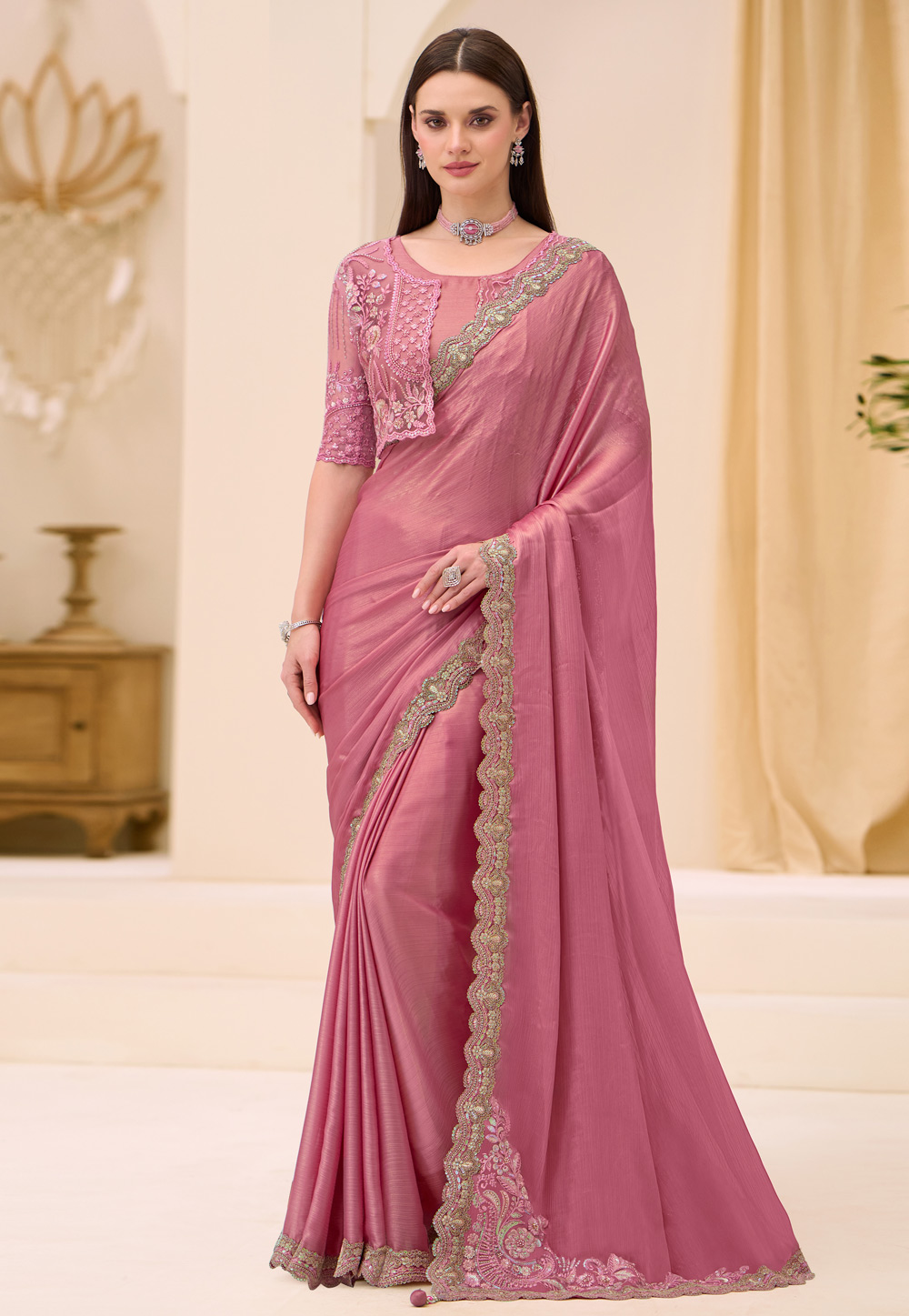 Pink Shimmer Designer Saree 326395