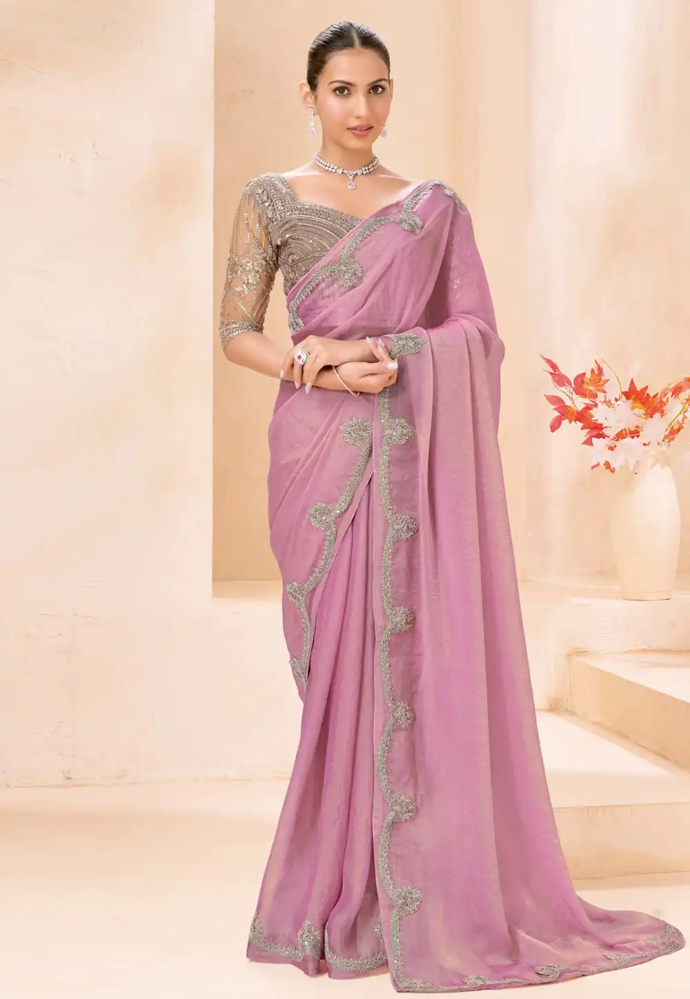 Pink Shimmer Georgette Saree With Blouse 327650