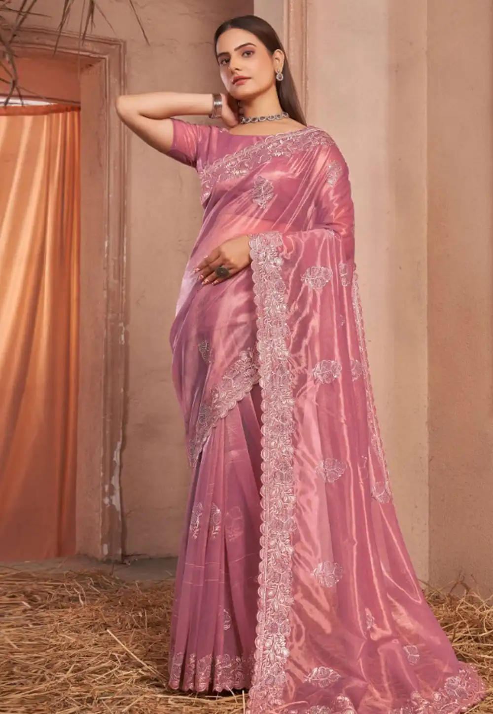 Pink Shimmer Net Saree With Blouse 314816