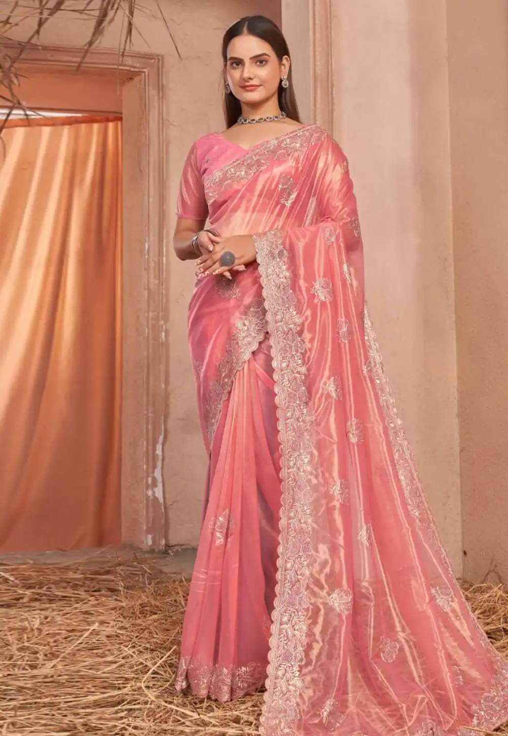 Pink Shimmer Net Saree With Blouse 314818
