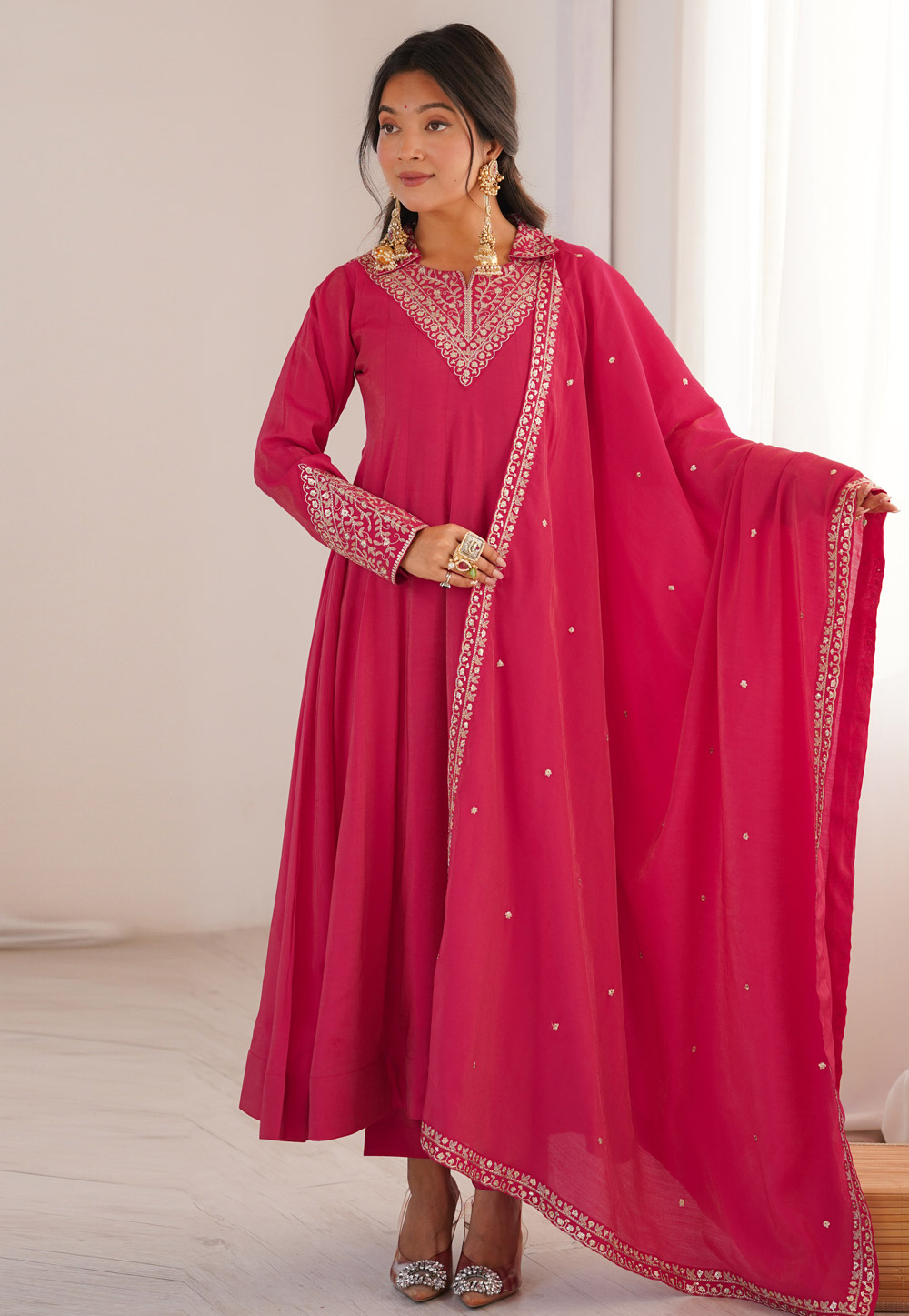 Pink Shimmer Readymade Long Anarkali Suit 326337