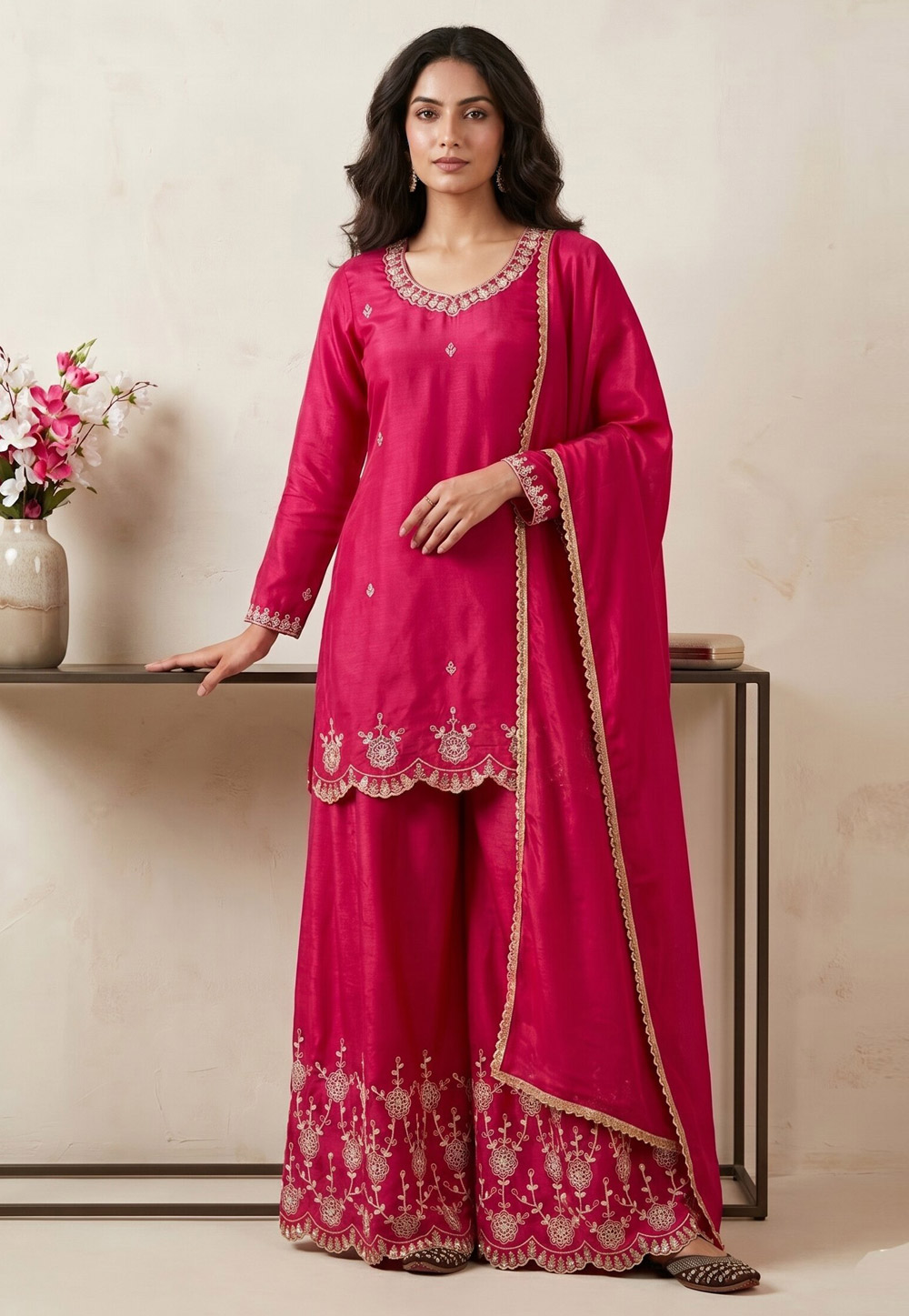 Pink Shimmer Readymade Palazzo Suit 330347