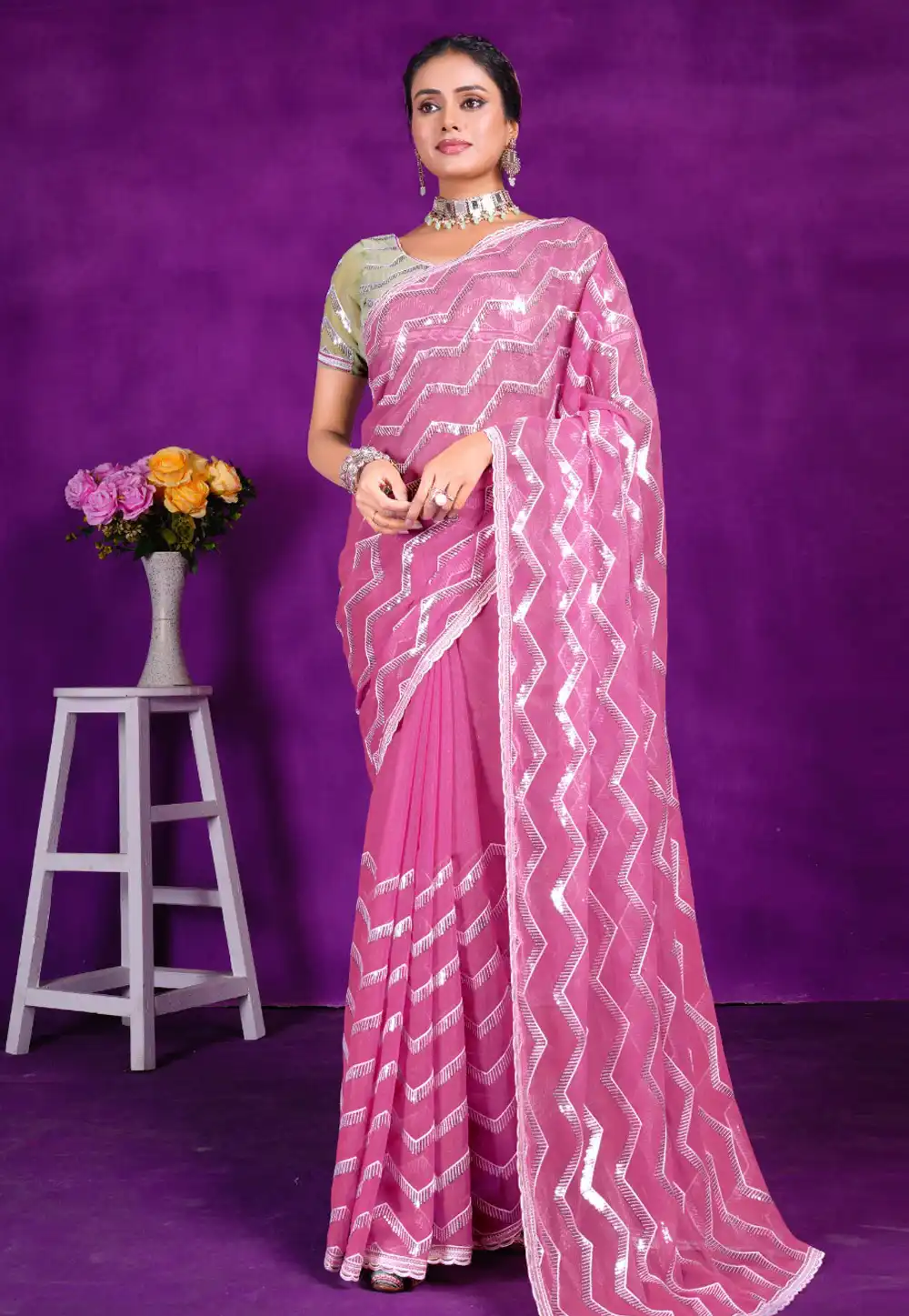 Pink Shimmer Saree With Blouse 285493
