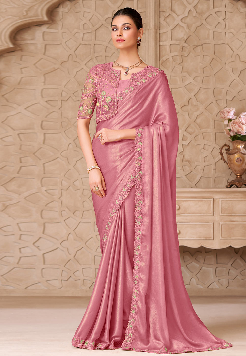 Pink Shimmer Saree With Blouse 325760