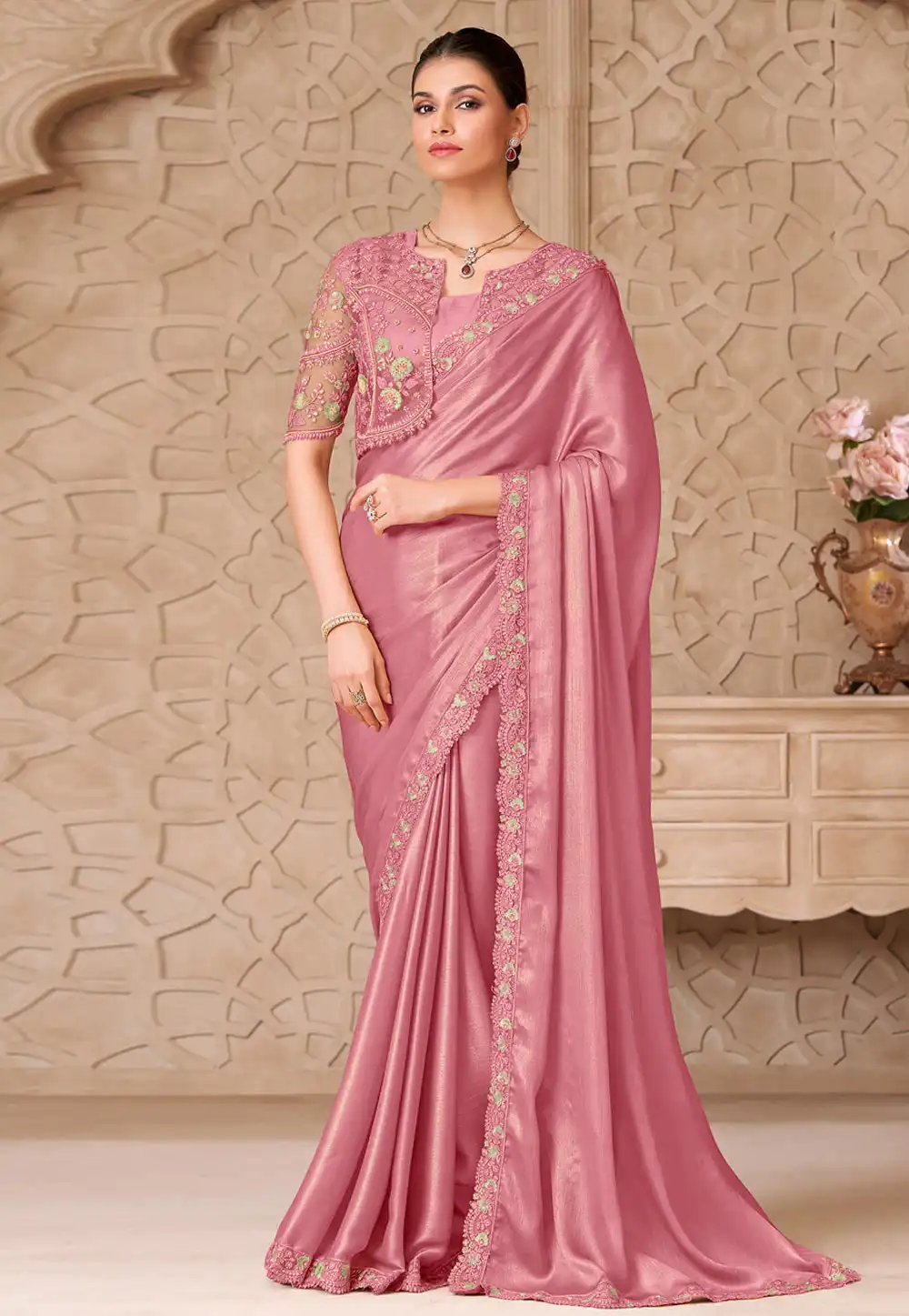 Pink Shimmer Saree With Blouse 325760