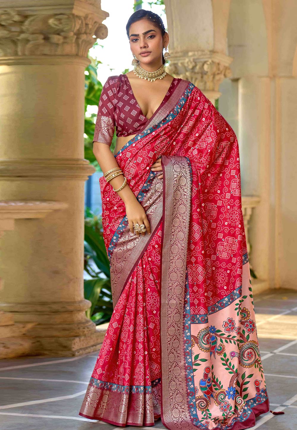 Pink Silk Bandhani Print Saree 320385