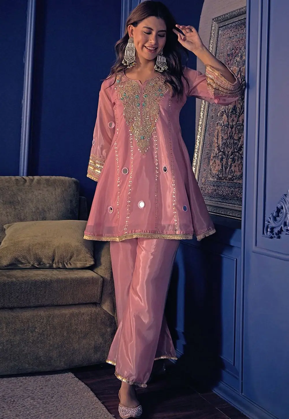 Pink Silk Crepe Kurta Set With Palazzo 331452