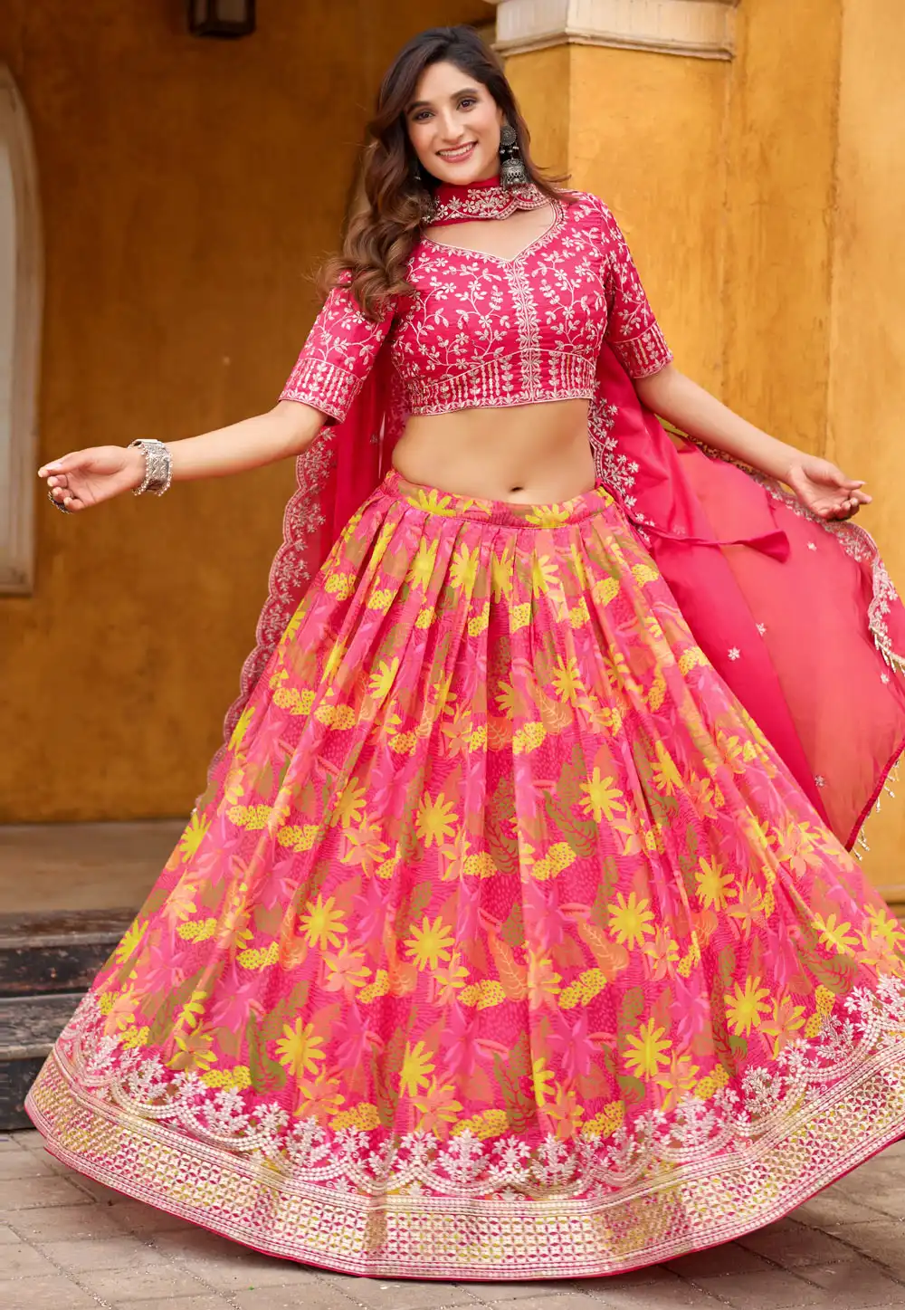 Pink Silk Floral print Lehenga choli 316391