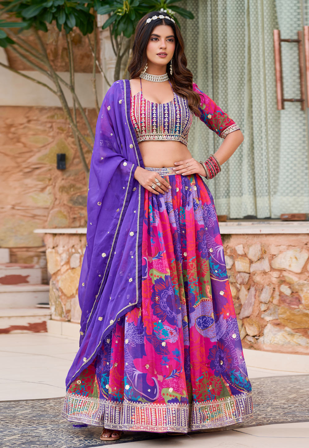 Pink Silk Floral print Lehenga choli 320435