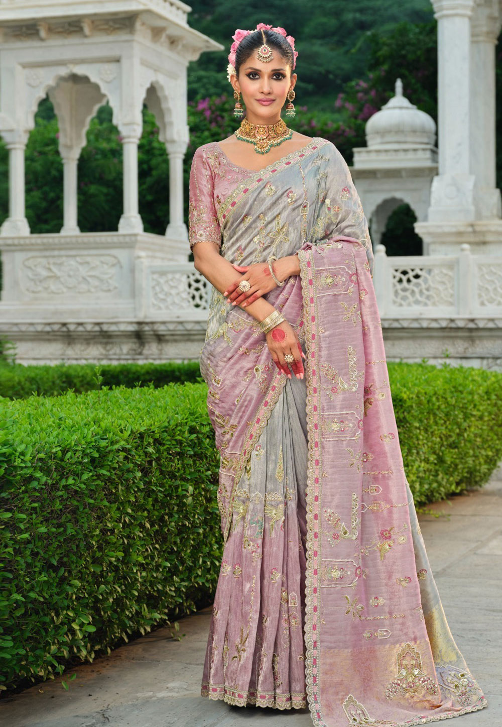 Pink Silk Half N Half Saree 321382