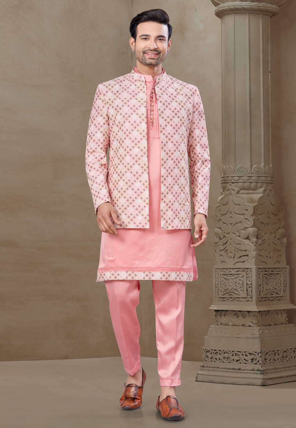 Pink Silk Indo Western Suit 306688