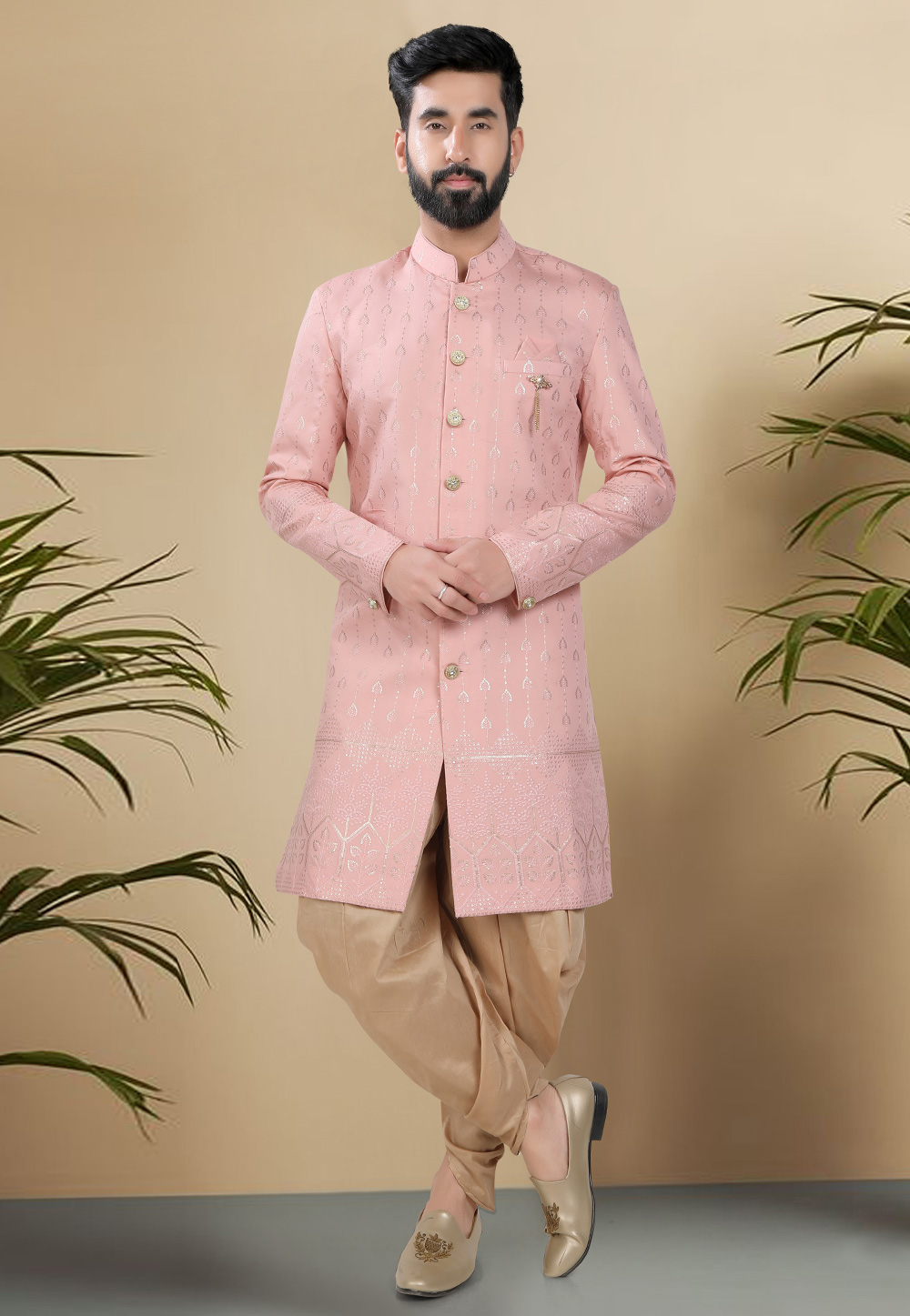 Pink Silk Indo Western Suit 313102