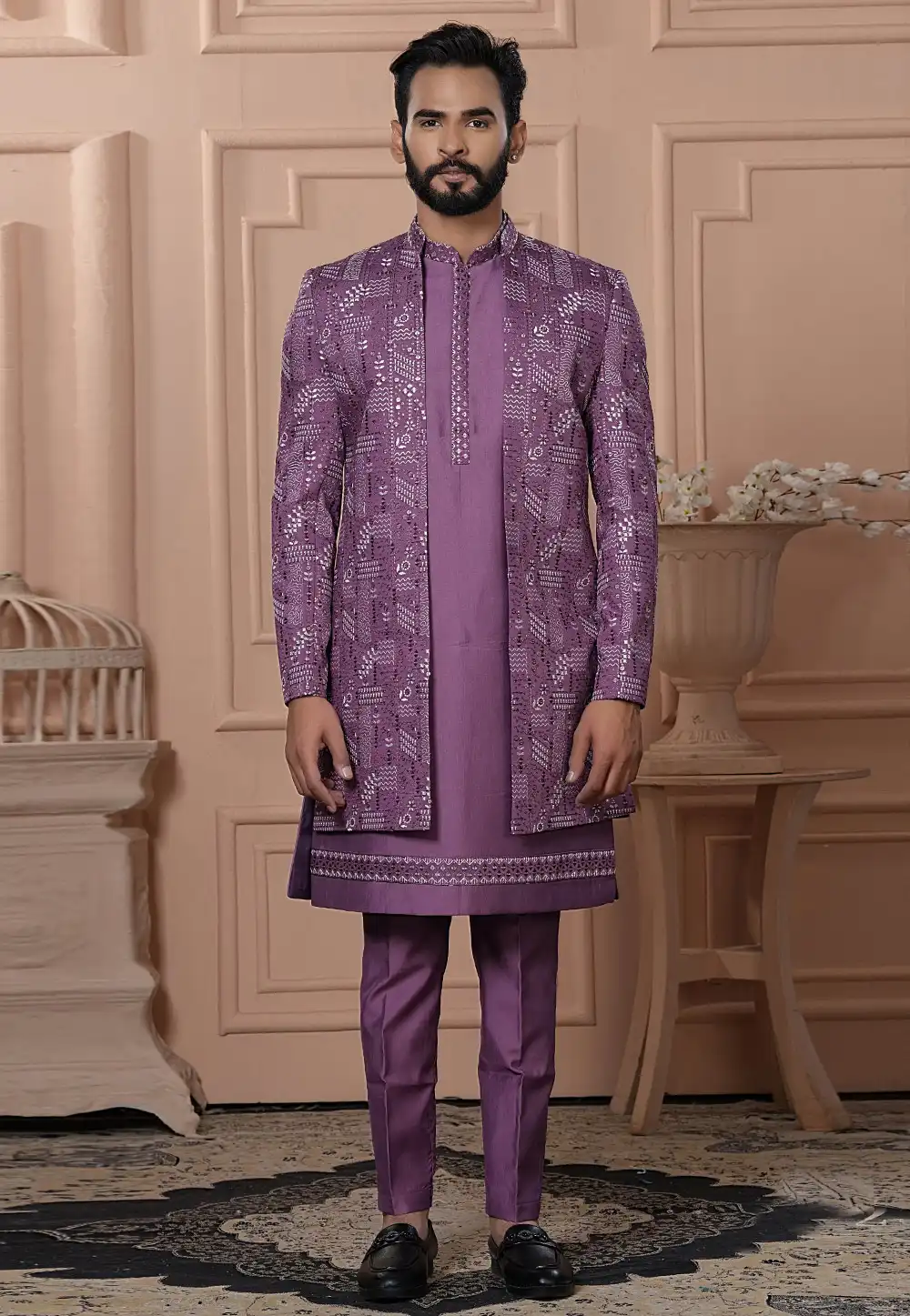 Pink Silk Jacket Style Sherwani 315051