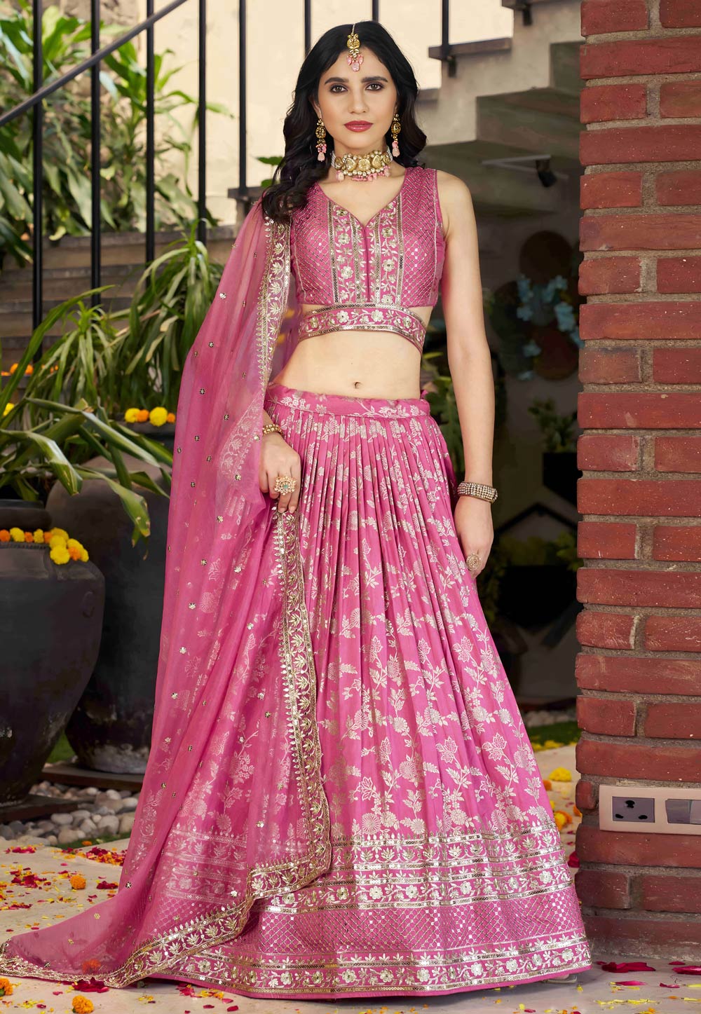 Pink Silk Jacquard Circular Lehenga Choli 312564