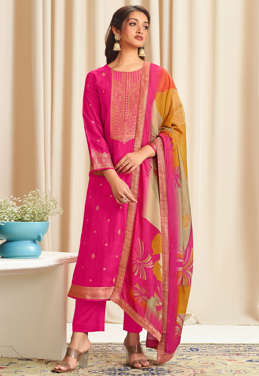 Pink Silk Jacquard Pant Style Suit 318233