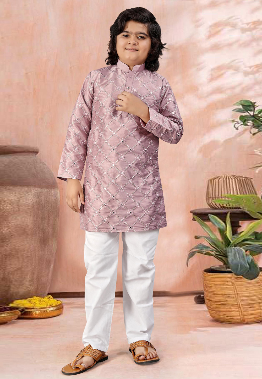 Pink Silk Kids Kurta Pajama 315701