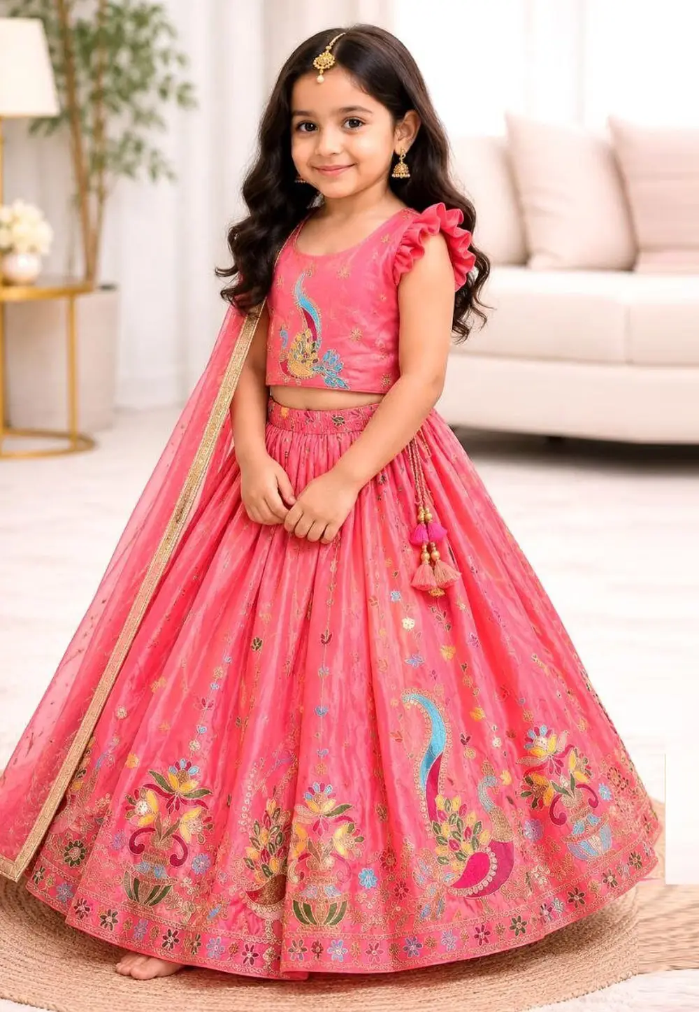Pink Silk Kids Lehenga Choli 332826