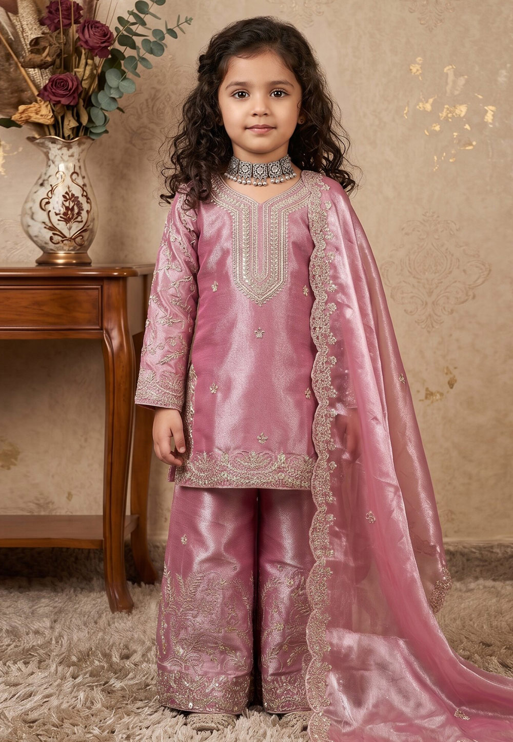 Pink Silk Kids Palazzo Suit 329478