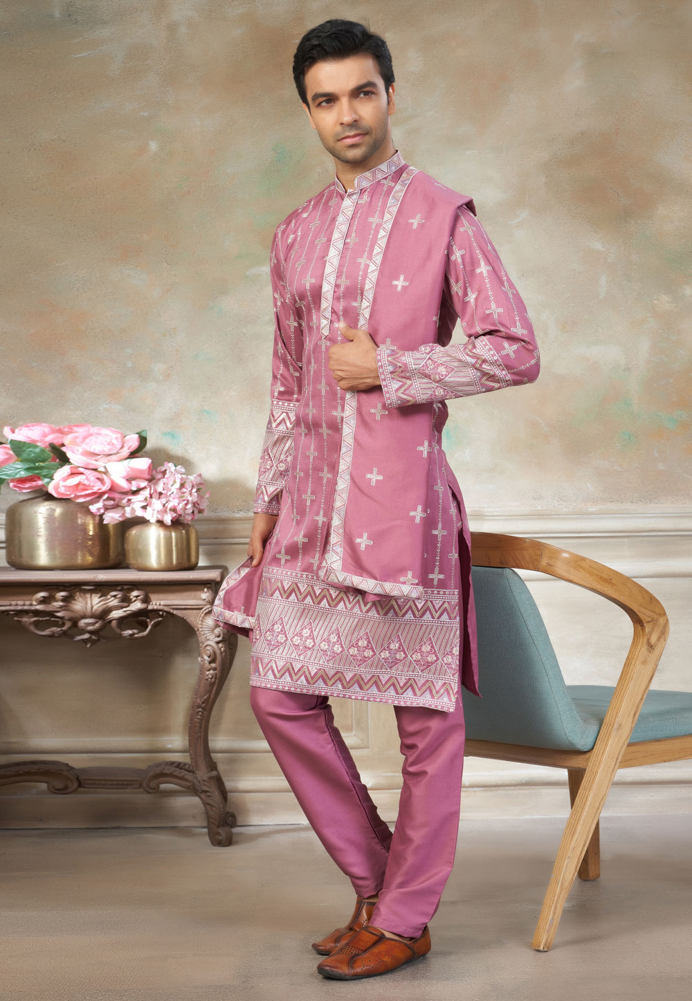 Pink Silk Kurta Pajama With Stole 325993