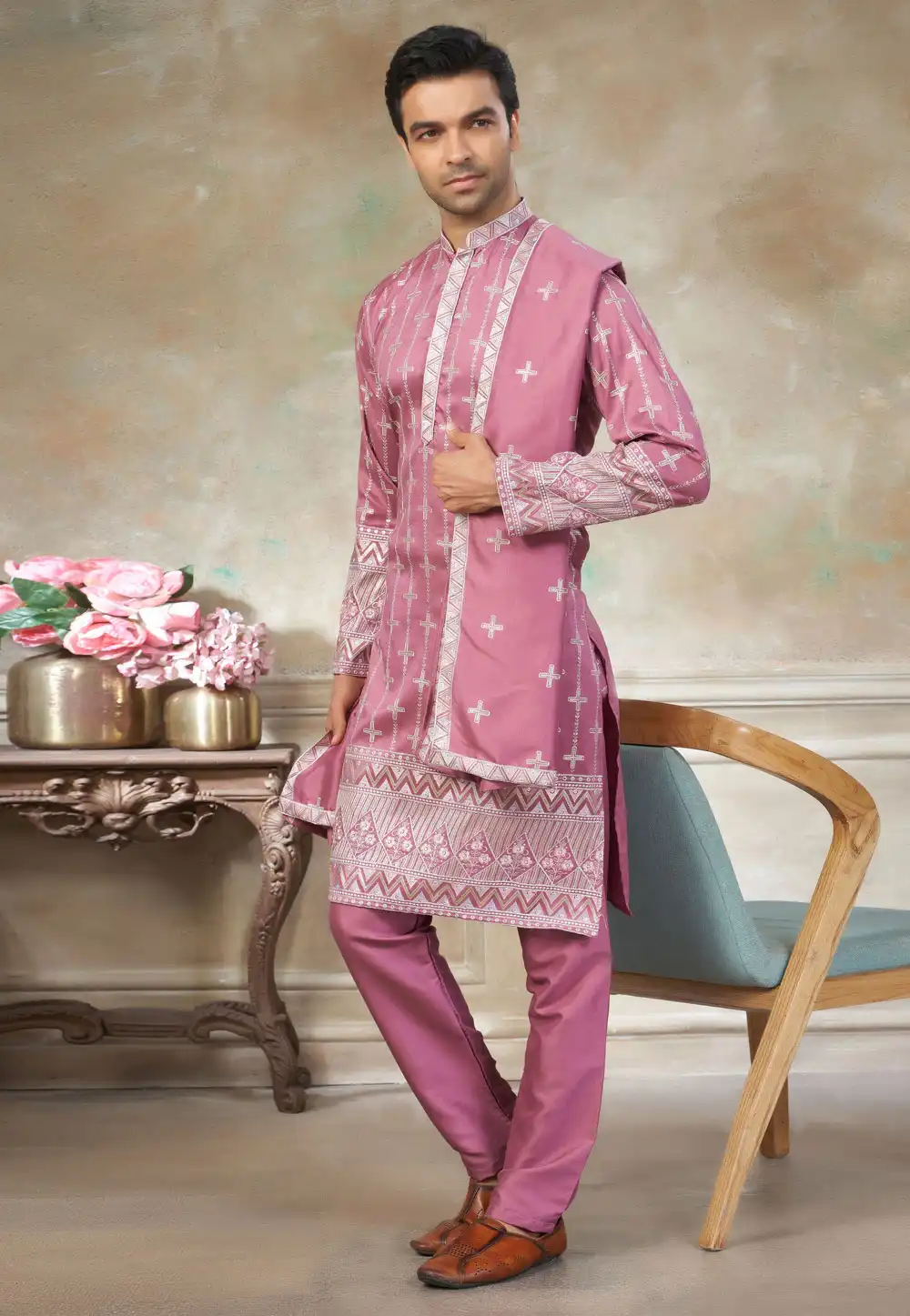Pink Silk Kurta Pajama With Stole 325993