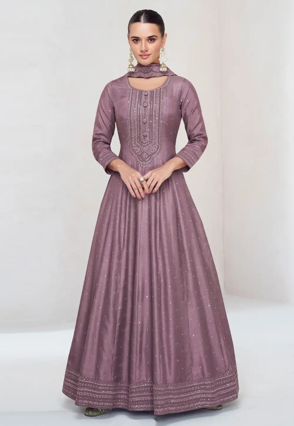 Mauve Silk Long Anarkali Suit 314595