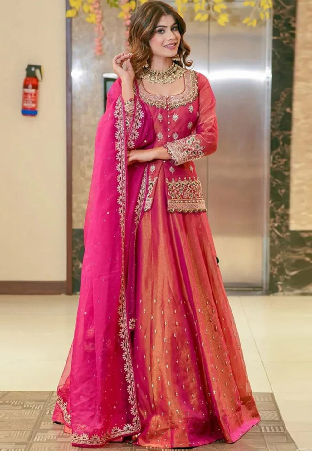 Pink Silk Long Choli Lehenga 328014