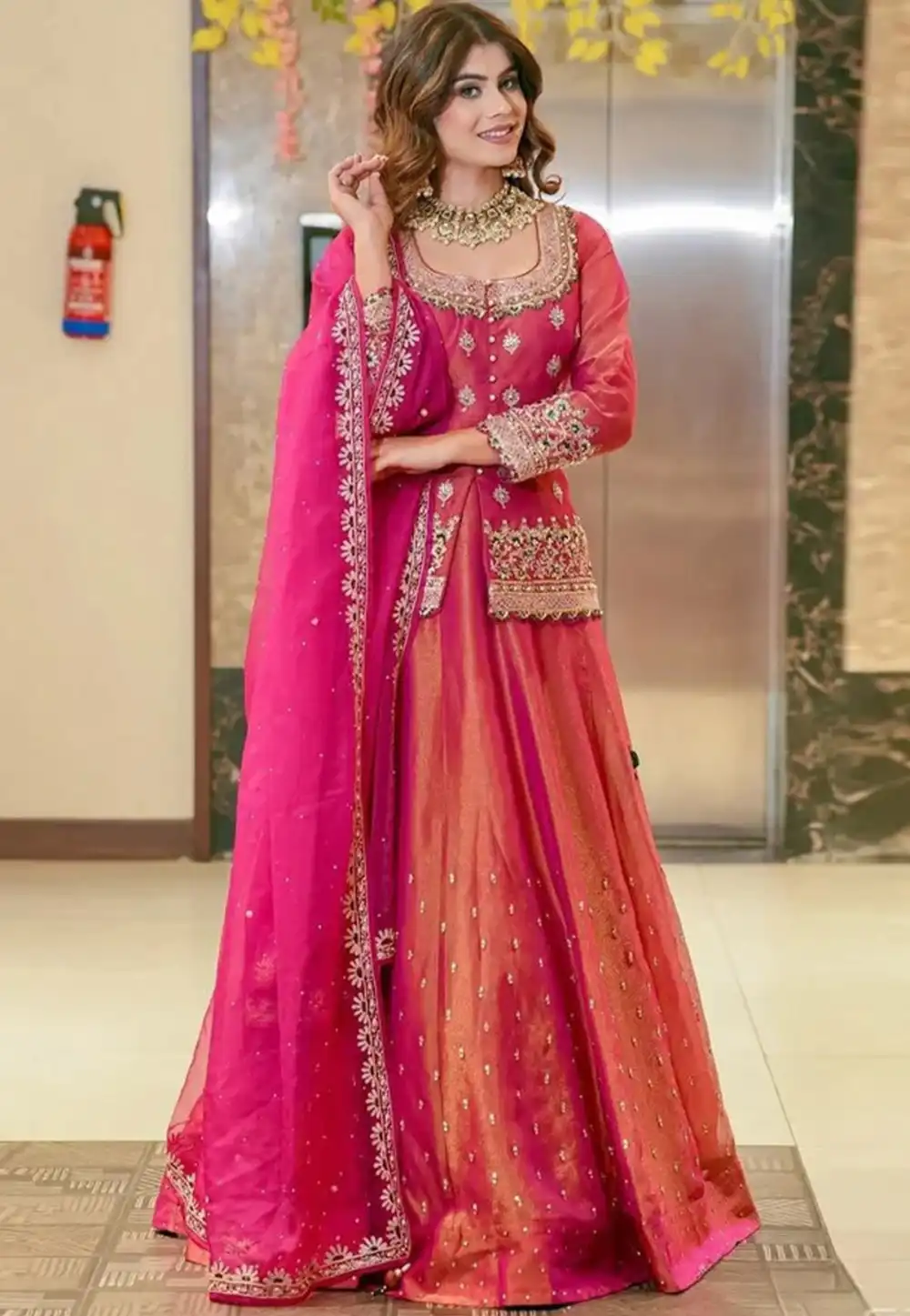Pink Silk Long Choli Lehenga 328014