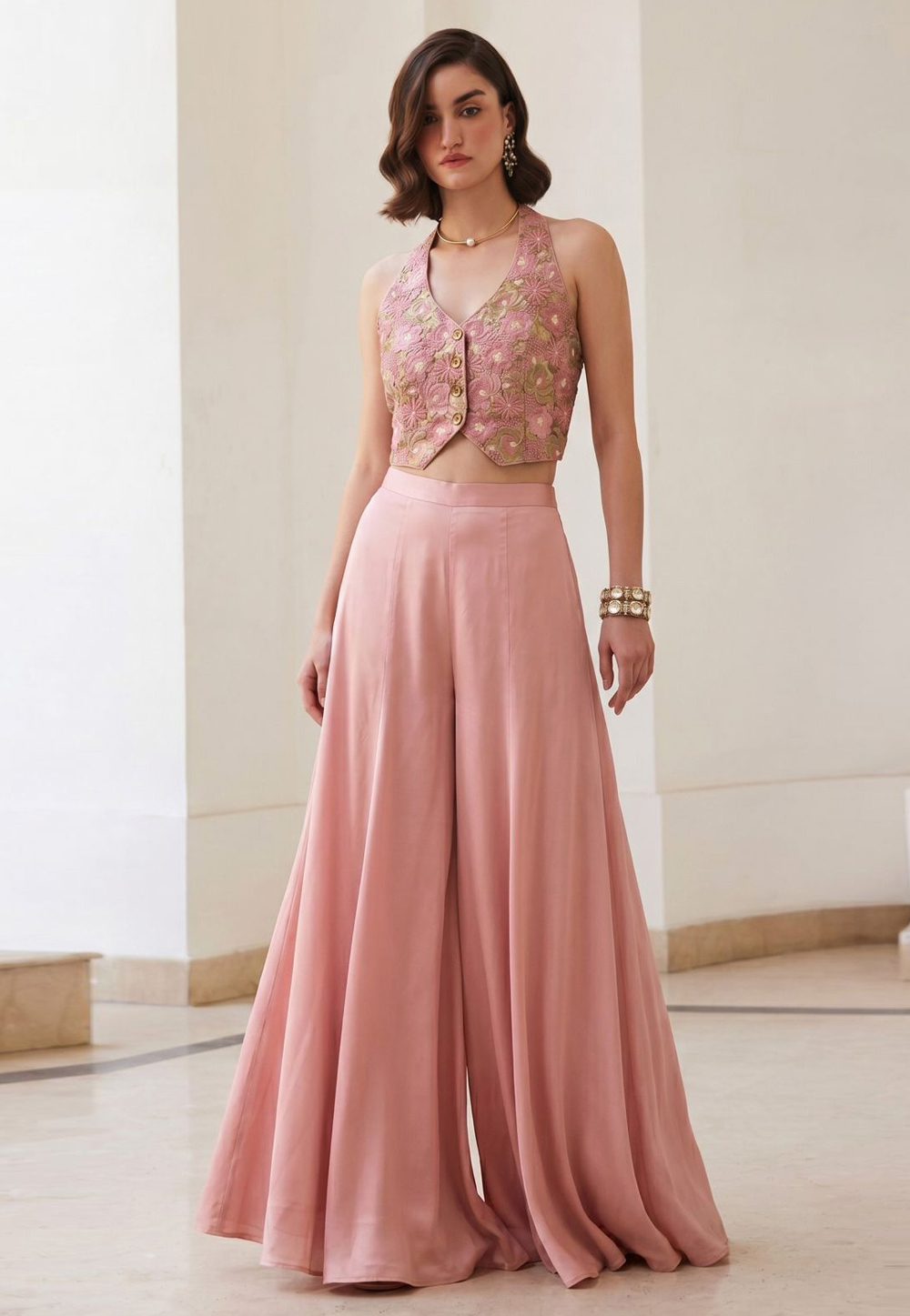 Pink Silk Palazzo With Crop Top 328931