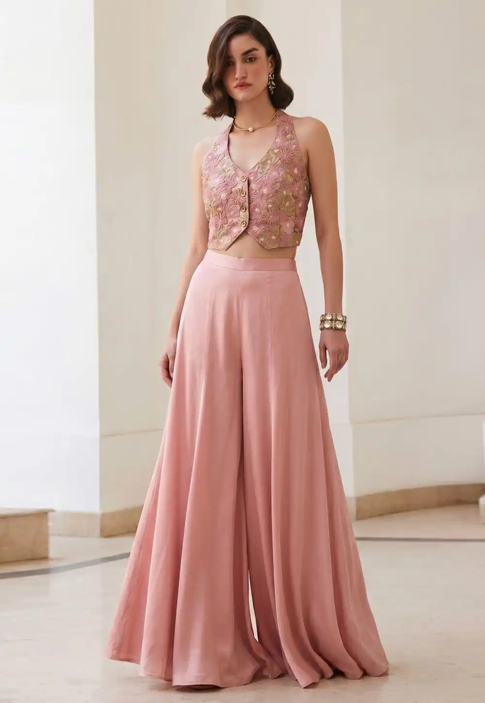 Pink Silk Palazzo With Crop Top 328931