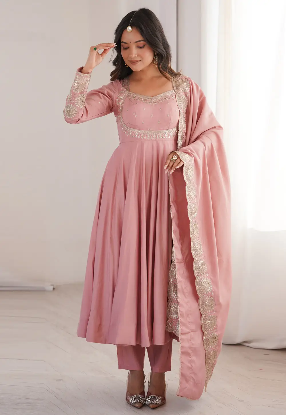 Pink Silk Readymade Anarkali Suit 333189