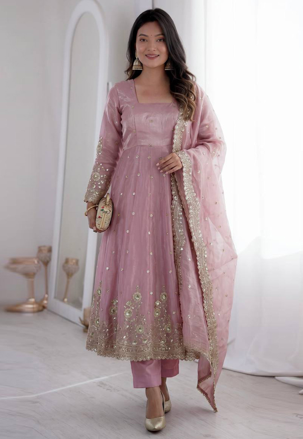 Pink Silk Readymade Anarkali Suit 329667