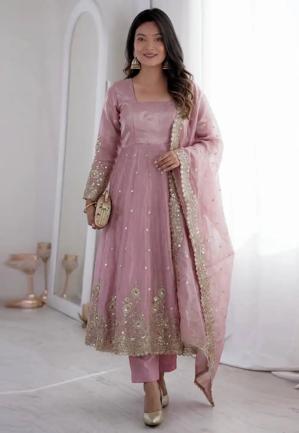 Pink Silk Readymade Anarkali Suit 329667