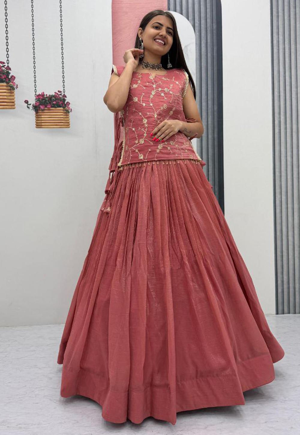 Pink Silk Readymade Indo Western Lehenga Choli 326499
