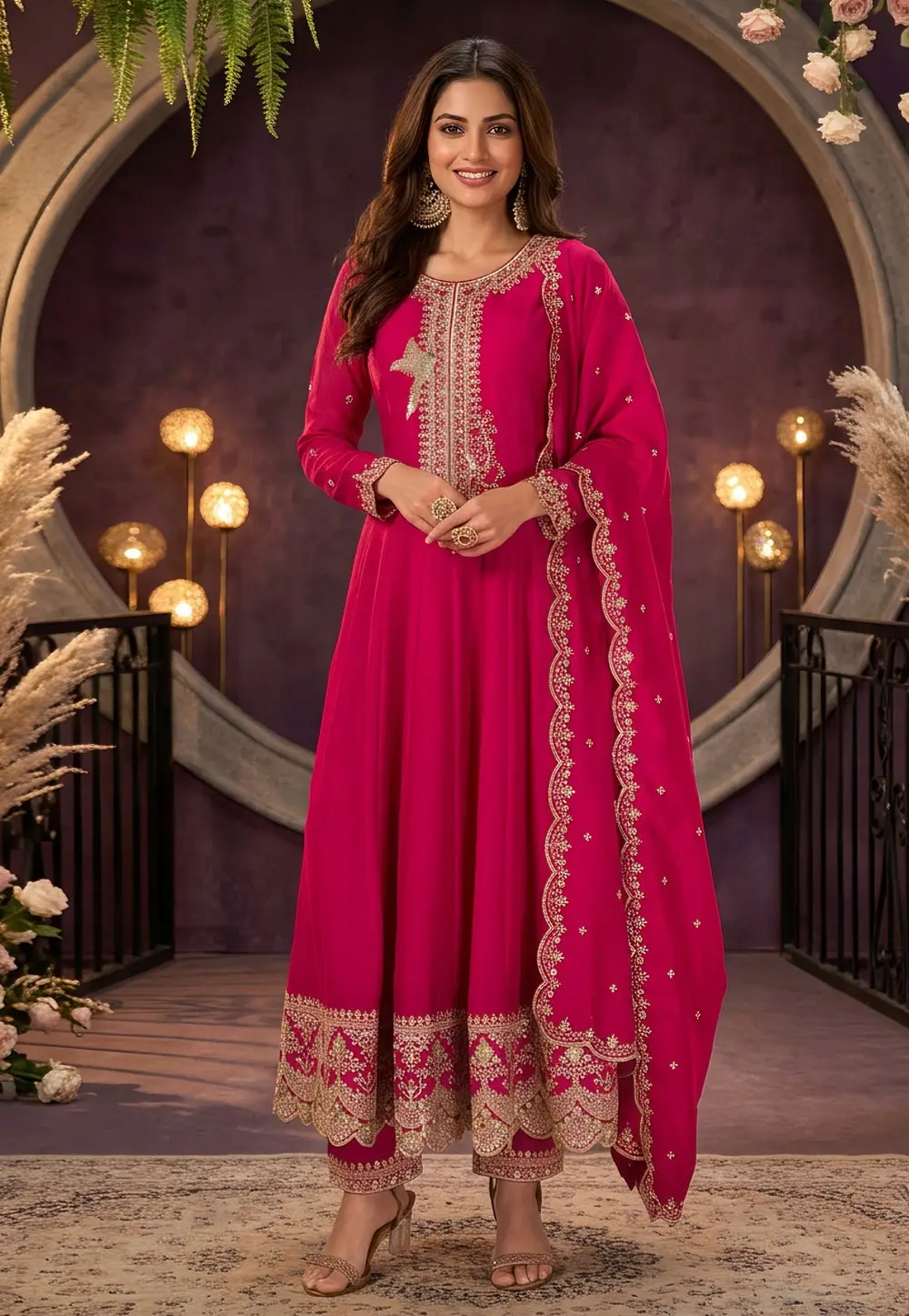 Pink Silk Readymade Long Anarkali Suit 333583