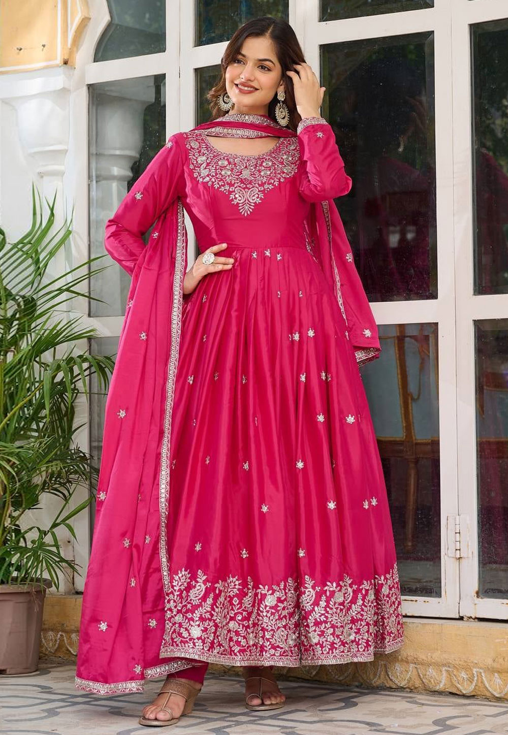 Pink Silk Readymade Long Anarkali Suit 312204
