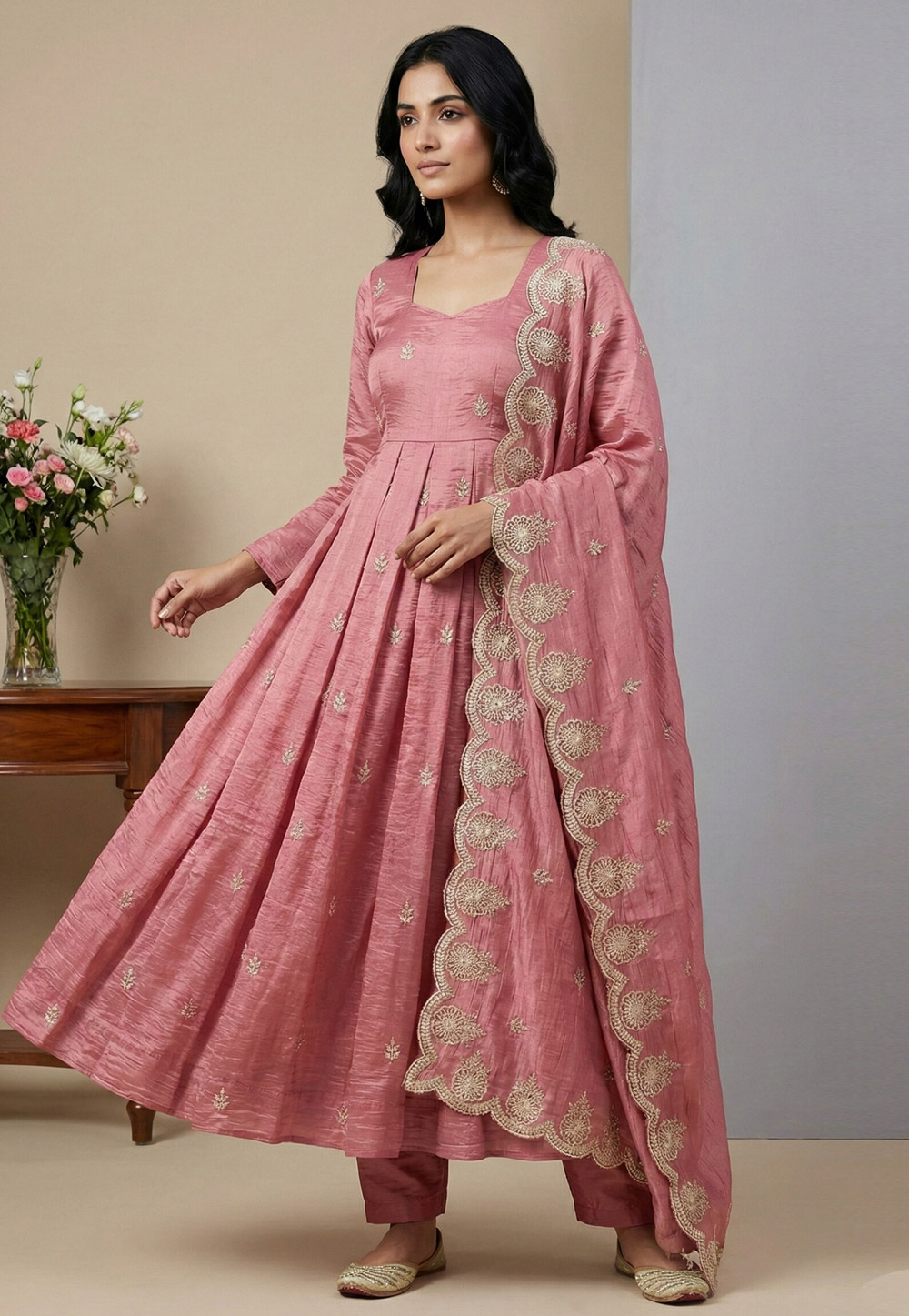 Pink Silk Readymade Long Anarkali Suit 324012