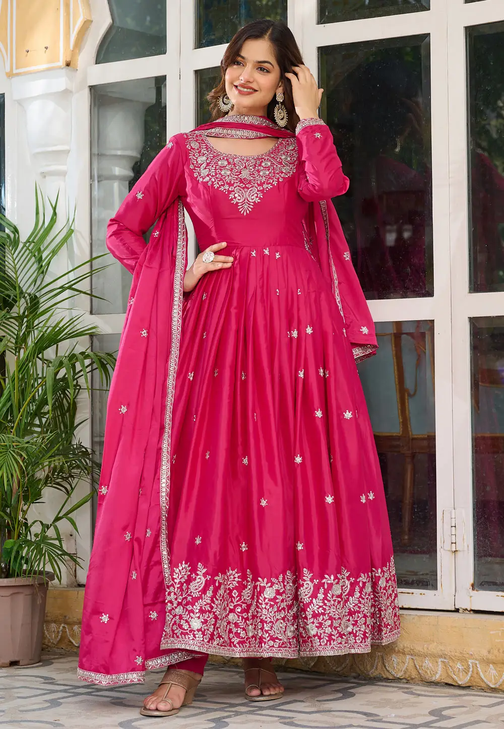 Pink Silk Readymade Long Anarkali Suit 337064