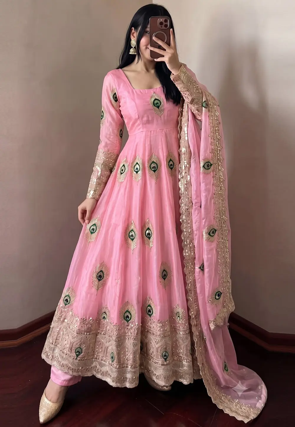 Pink Silk Readymade Long Anarkali Suit 335449