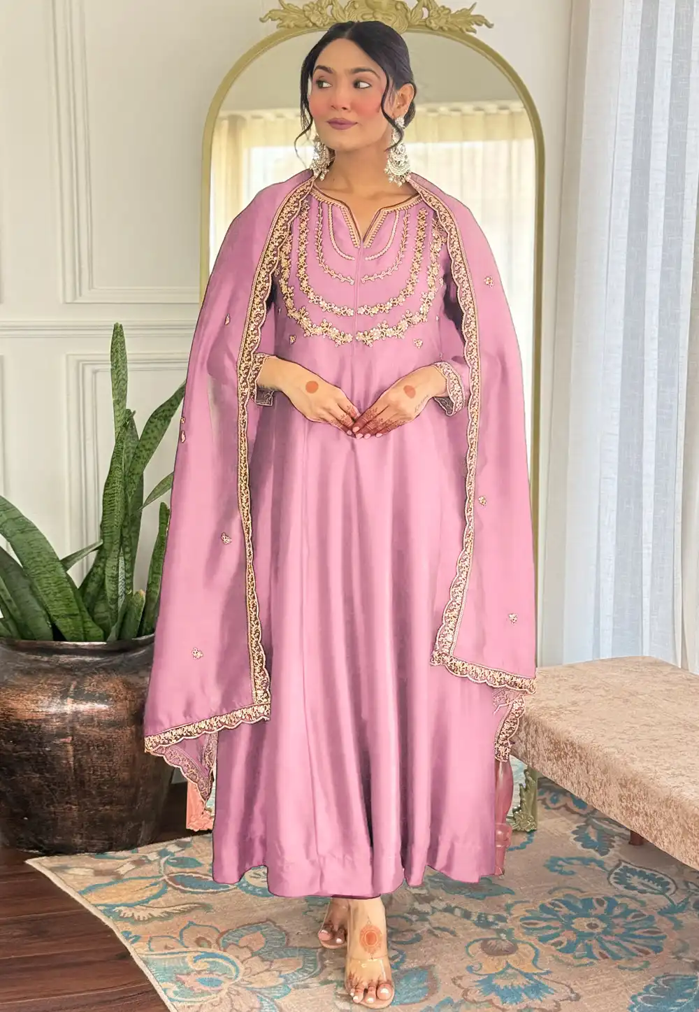 Pink Silk Readymade Long Anarkali Suit 311135