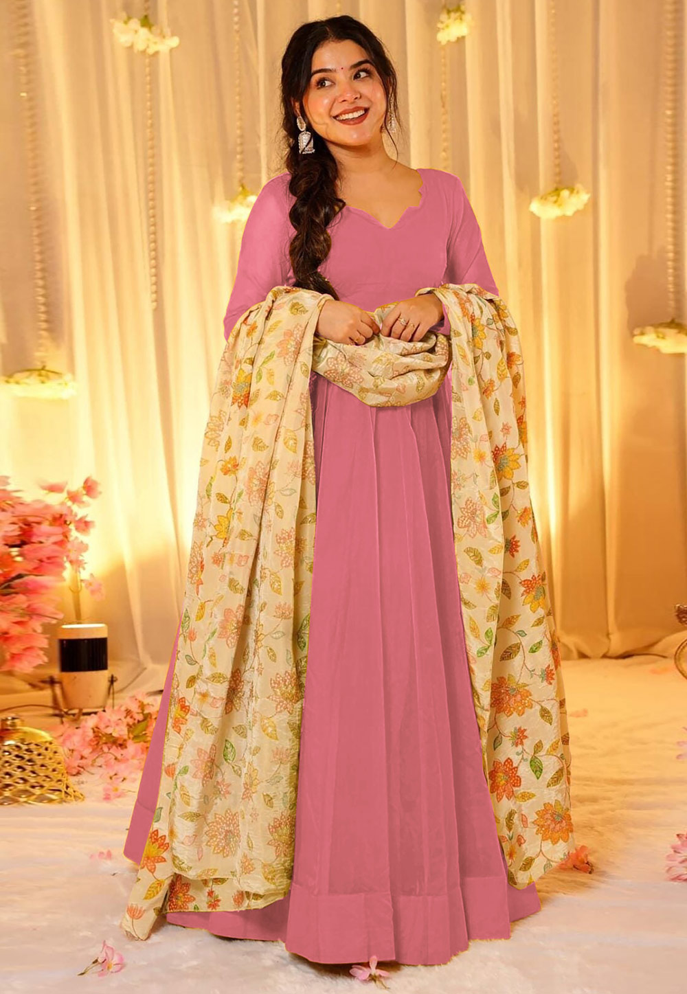Pink Silk Readymade Long Anarkali Suit 325900