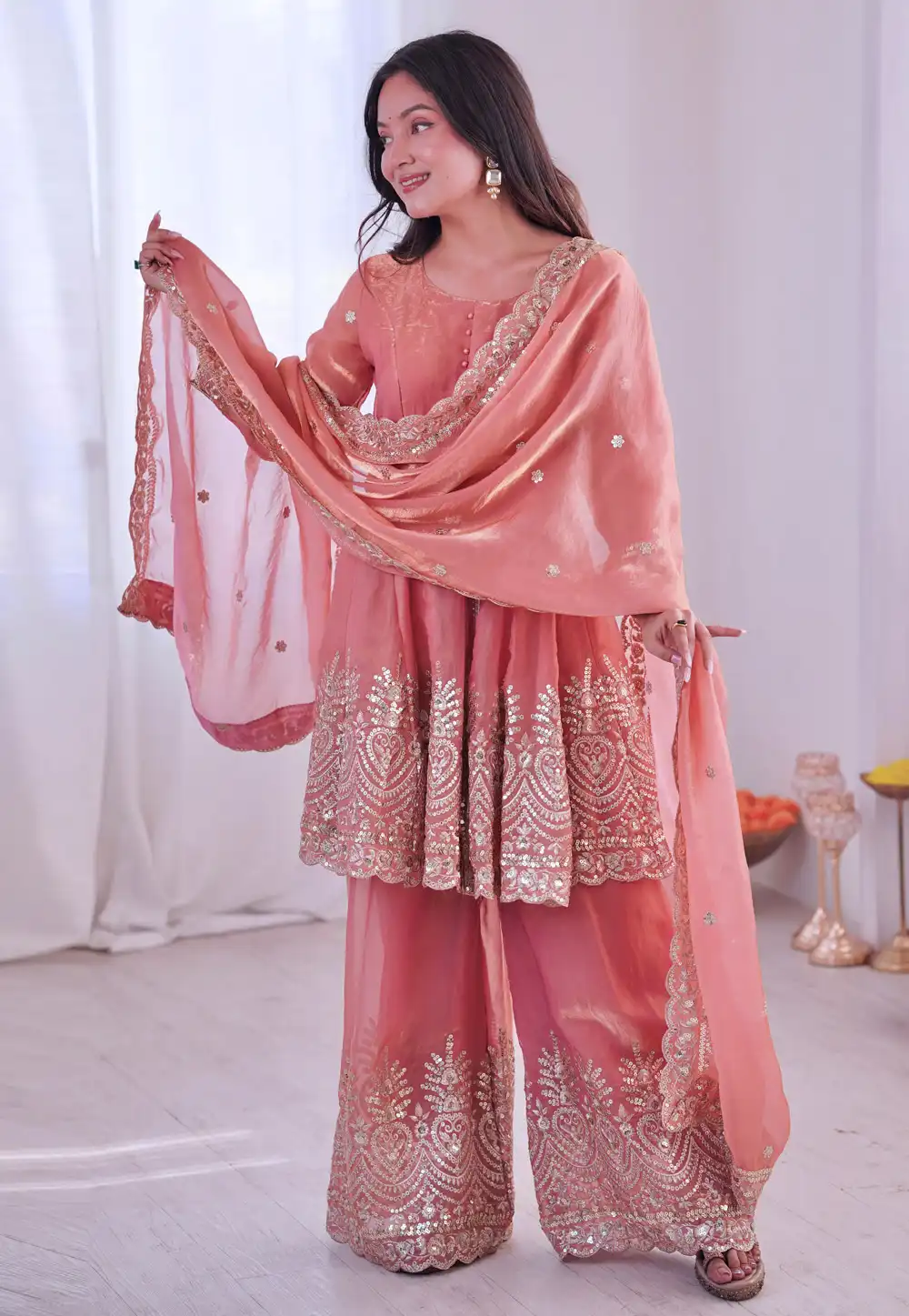 Peach Silk Readymade Pakistani Suit 323785