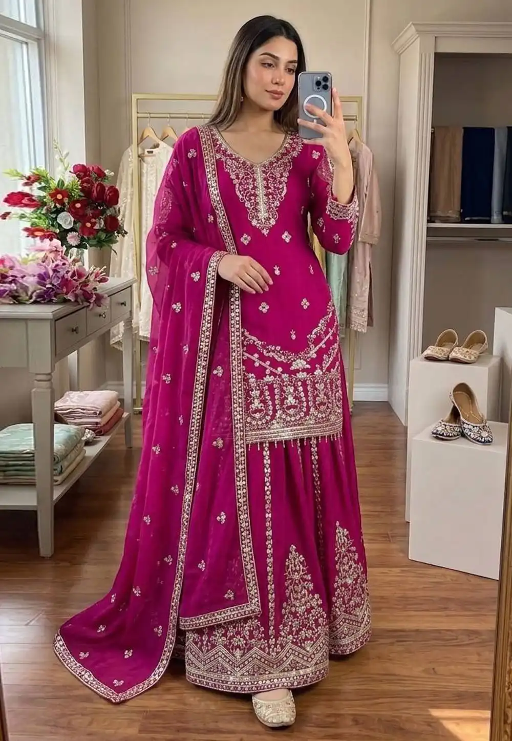 Pink Silk Readymade Palazzo Suit 327016