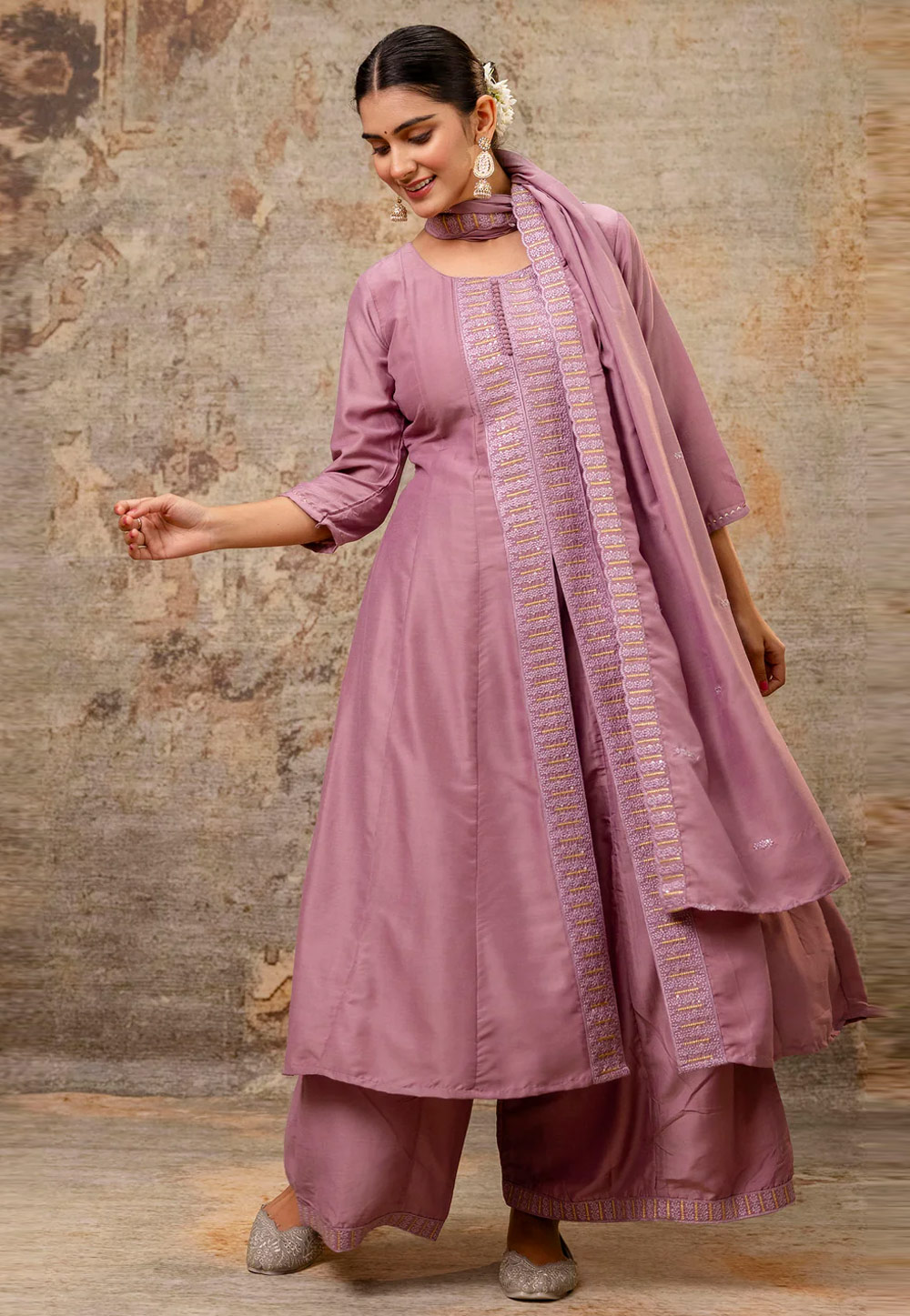 Pink Silk Readymade Palazzo Suit 307070