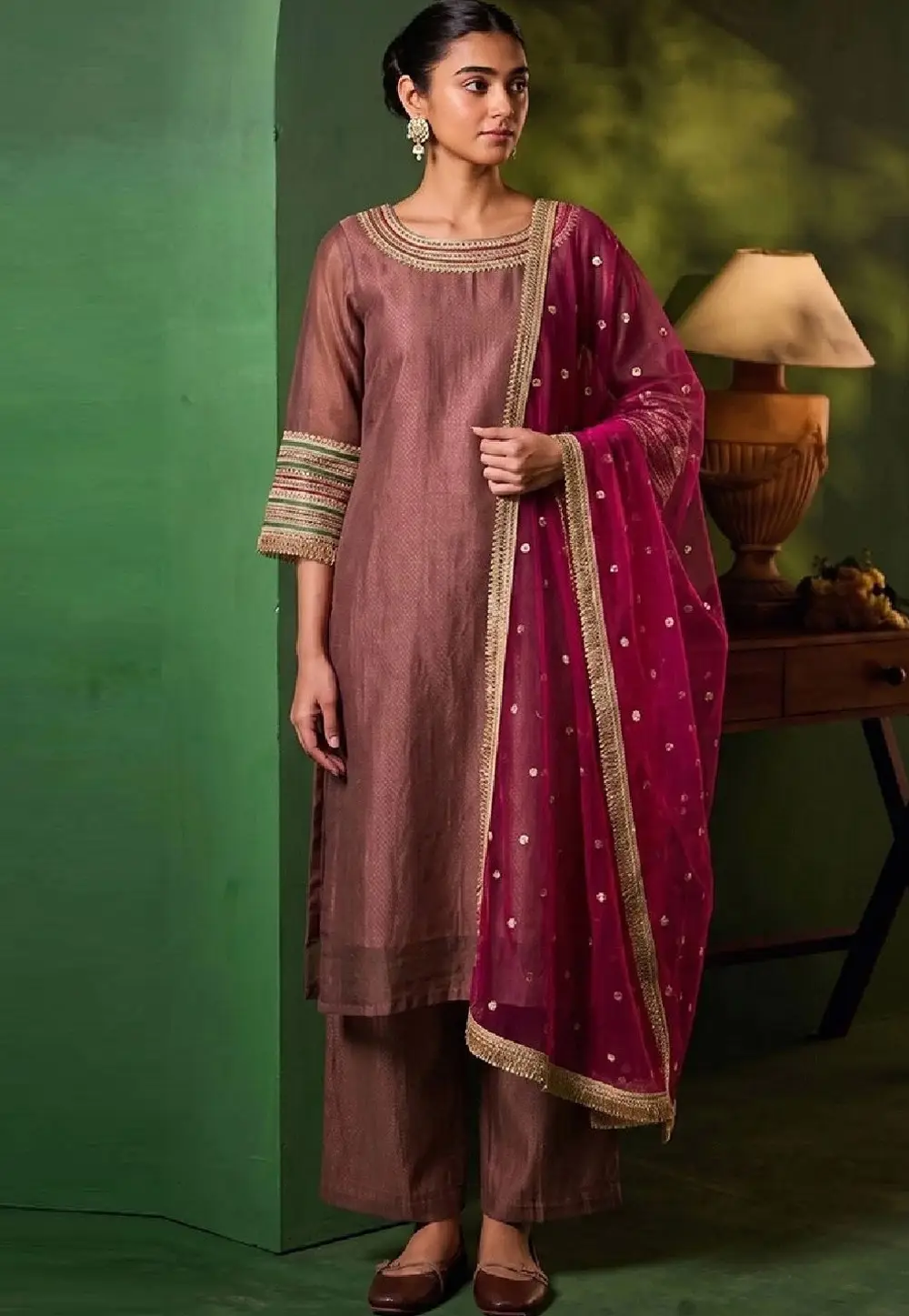 Pink Silk Readymade Palazzo Suit 334696