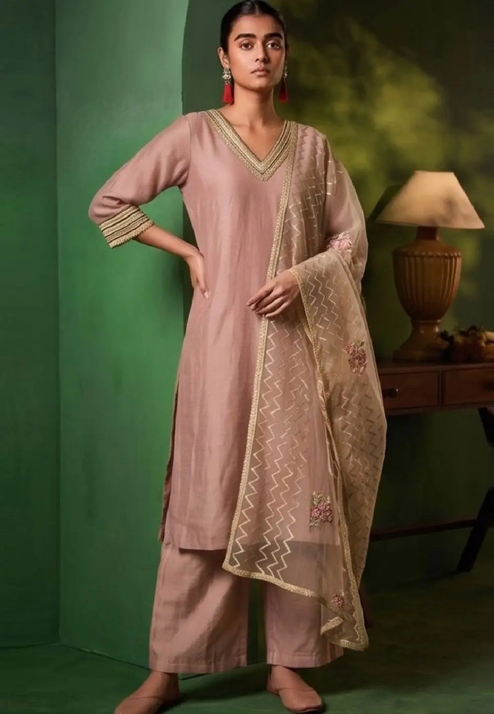 Pink Silk Readymade Palazzo Suit 334698
