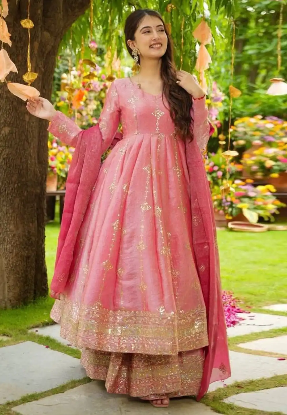 Pink Silk Readymade Palazzo Suit 319206