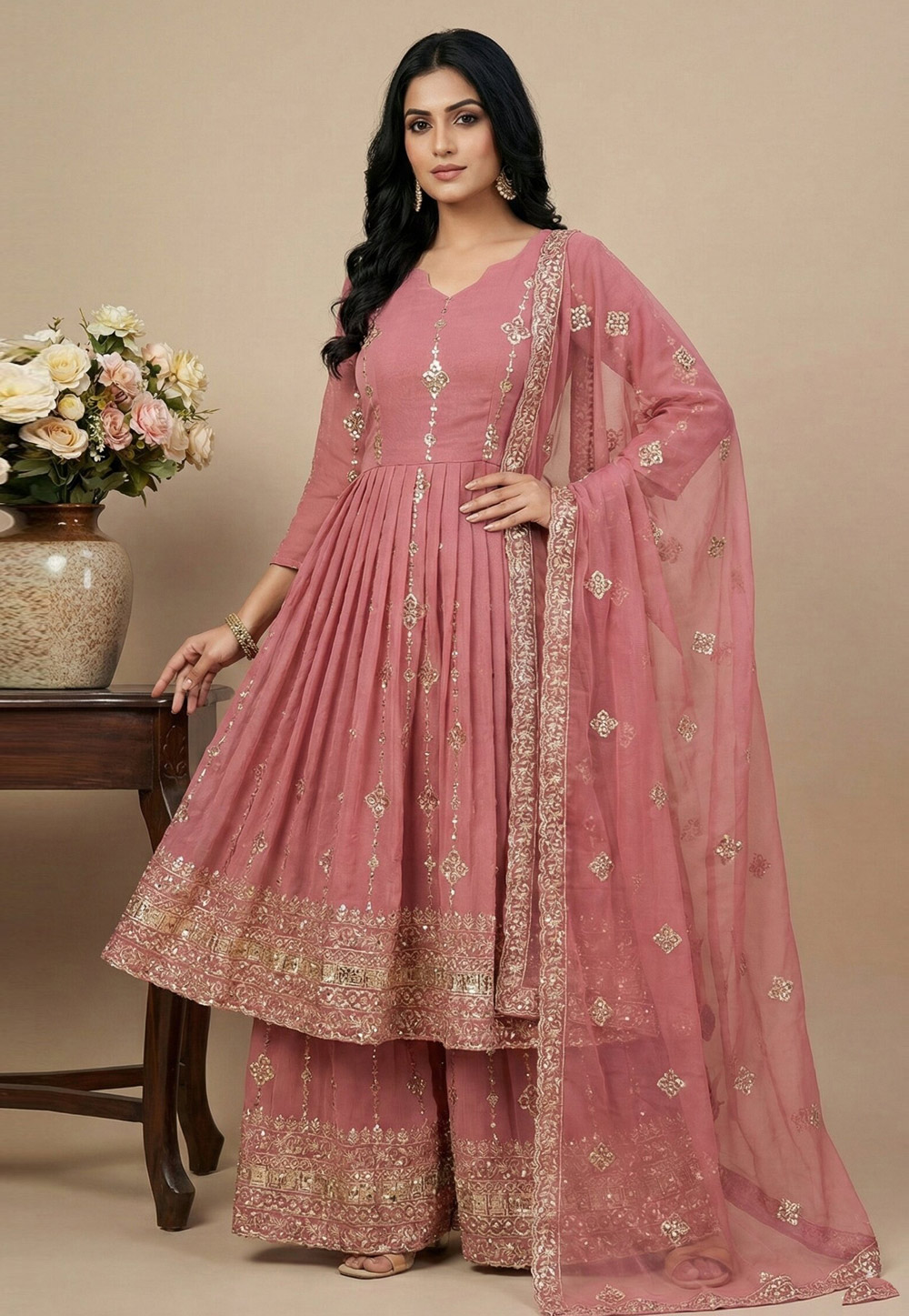 Pink Silk Readymade Palazzo Suit 324993