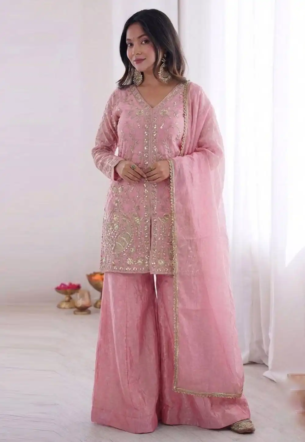 Pink Silk Readymade Palazzo Suit 328296