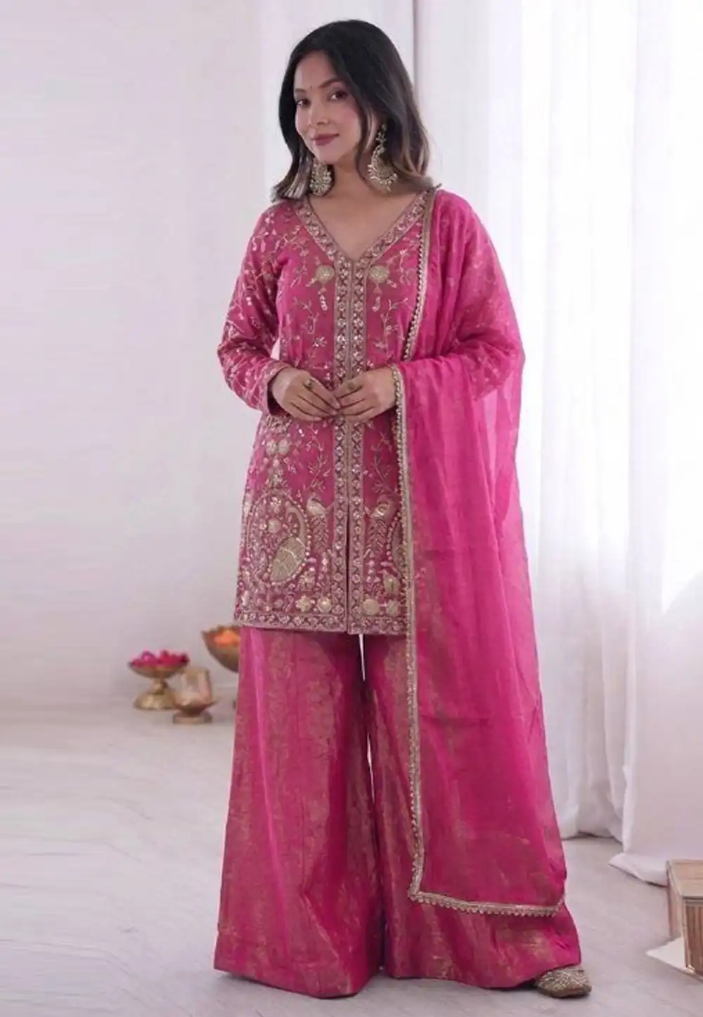 Pink Silk Readymade Palazzo Suit 328298